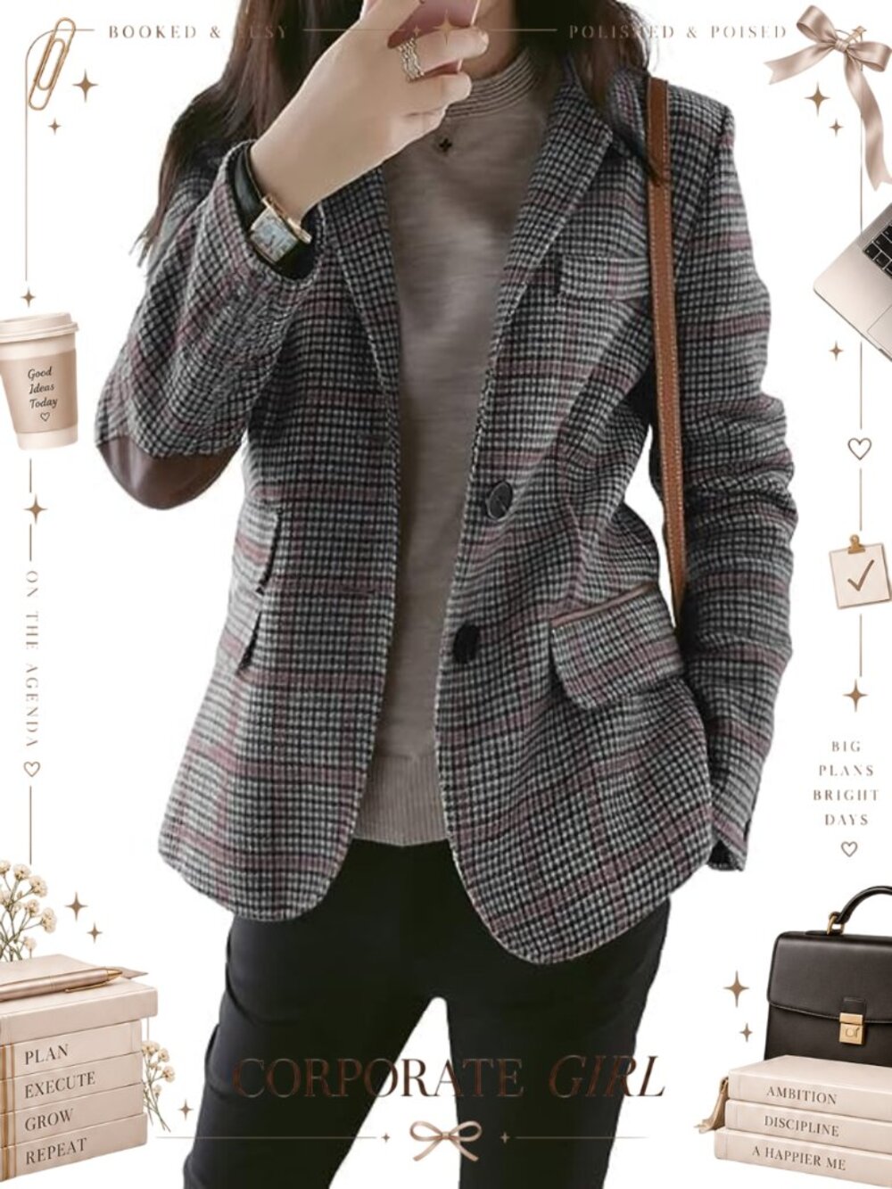 Women's Plaid Tweed Blazer Notch Collar Business Casual